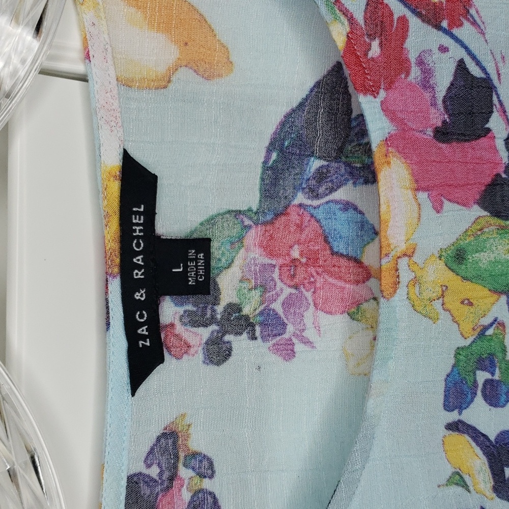 Zac & Rachel Side Ruffle Floral Top Blue Purple Pink Yellow Print Size L - Picture 3 of 7